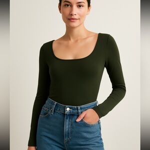 Madewell Ribb Square-Neck Thong Bodysuit Olive Green size‎ Medium